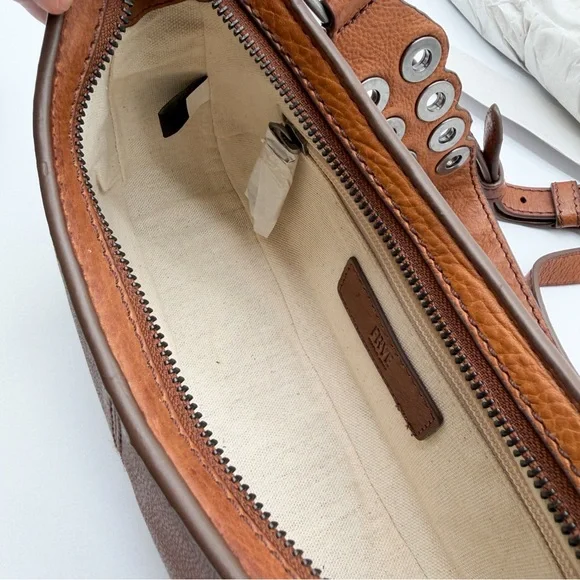Frye Claire Leather Shoulder Bag Buckle Grommet Zip Top Cognac Brown NEW - Picture 9 of 16
